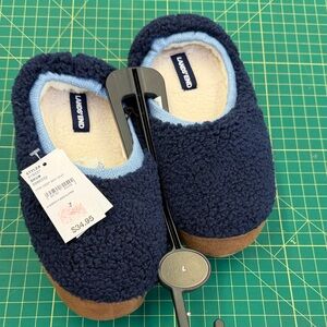 Lands' End Deep Sea Navy Sherpa Fleece Slippers with Light Blue Trim